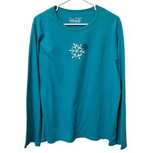 June & Daisy Teal Long‎ Sleeve Snowflake T Shirt Women's Plus Size XXL